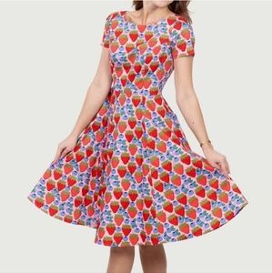 Eva Rose Cap Sleeve Dress Strawberry Blueberry Full Skirt Pockets Size Medium.